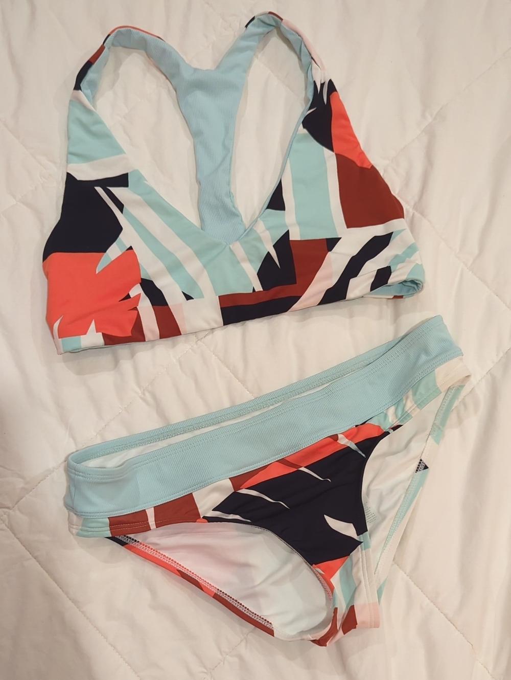 Carve Designs Light Blue, Coral & Navy Abstract Print Bikini Set